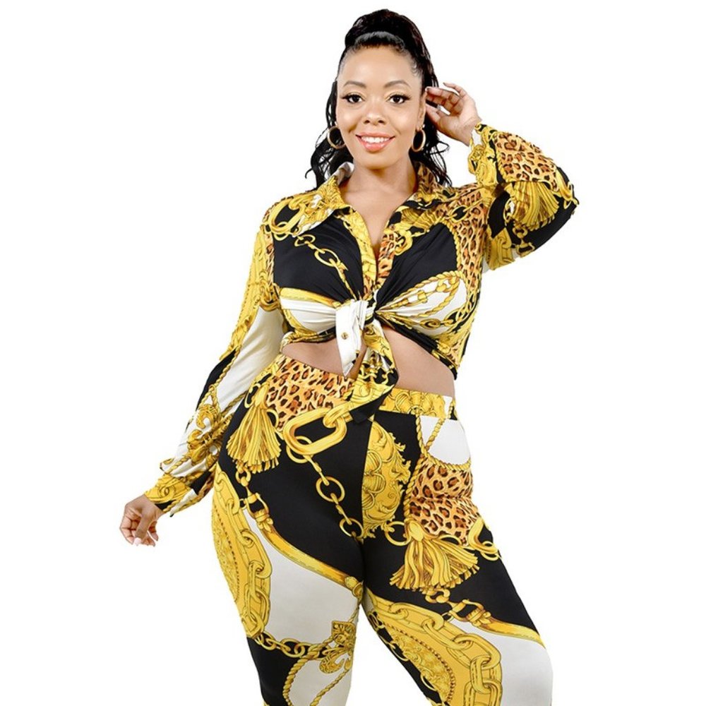 (Brand New) Plus Size Leggings Set Tassel Chain Print 2 Piece Designer Inspired